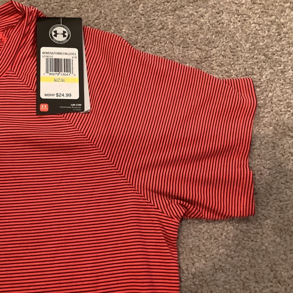 NWT Women’s Under Armour Striped Crew Neck Shirt Orange Black Size M - Picture 4 of 8